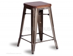 Tolix Stool Replica 65cm Galvanised Deep Gold Dark Teak Wood Seat