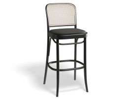811 Hoffmann Stool - Black Stain - Cane Backrest - Black Upholstered Seat - by TON 