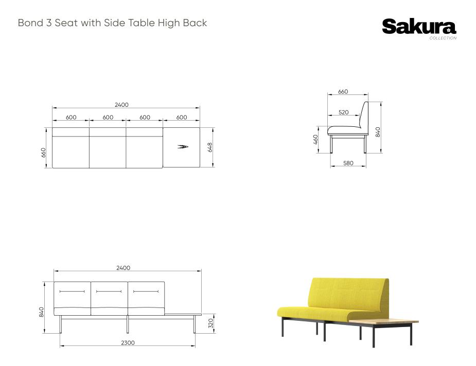 Sakura Bond 3 Seat Side Table High Back