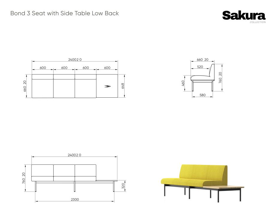 Sakura Bond 3 Seat Side Table Low Back