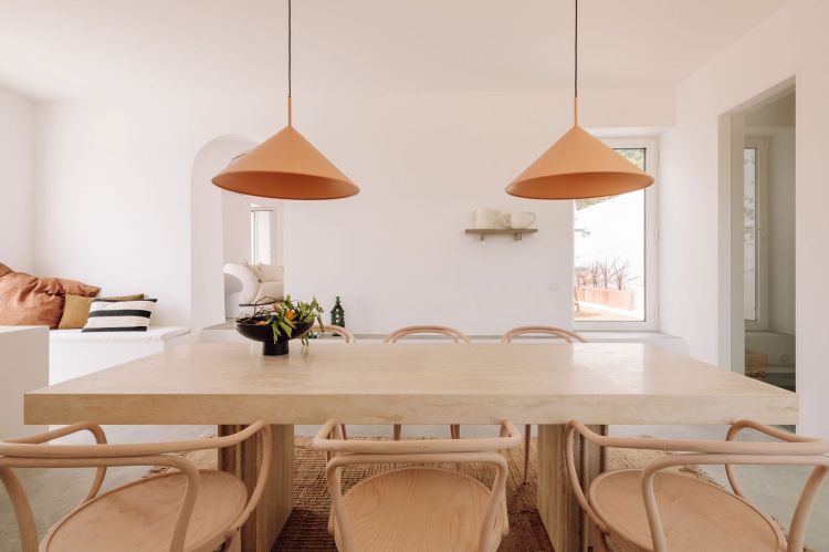 Minimalist dining room and a wooden chair