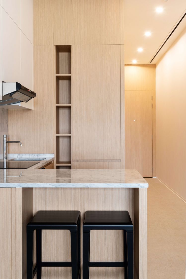 Modern kitchen interior featuring light wooden cabinetry with a built-in shelving unit