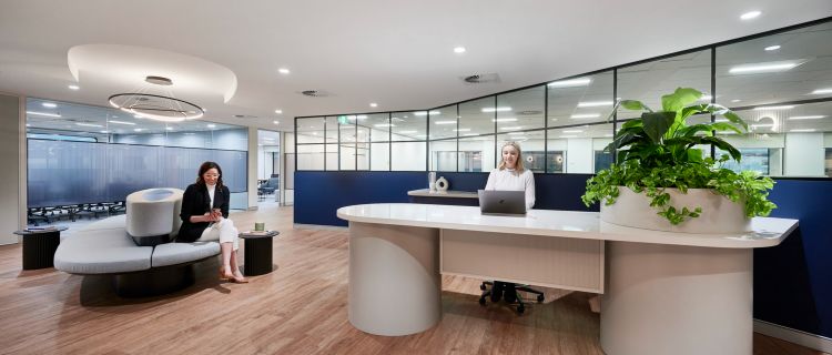 Contemporary office reception area with sleek design elements.