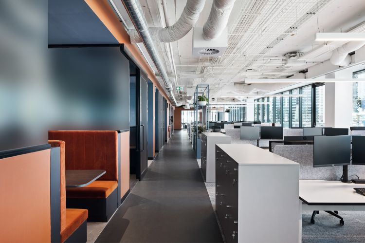 Modern open-plan office space with a combination of dark blue and terracotta-colored walls