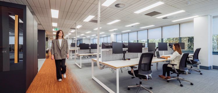 Spacious office environment with multiple workstations with modern computers