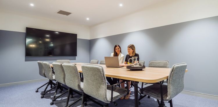 Modern meeting room with two women discussing at a wooden table