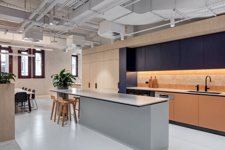A sleek, modern office kitchen with a combination of wooden and matte finishes on the cabinetry
