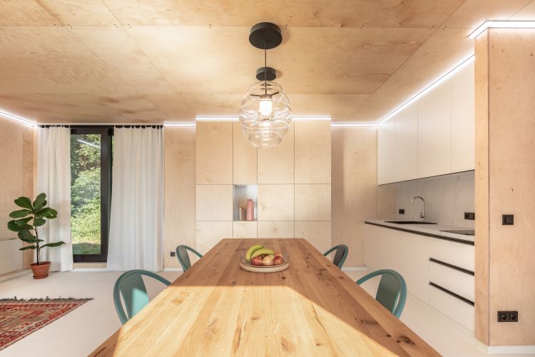 A bright, cozy interior with a natural wood dining table, teal chairs, and a kitchen with white cabinetry against a backdrop of plywood walls and ceiling.