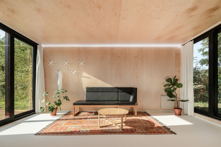 A minimalist living space with a large window corner, plywood walls, and a sloping ceiling with integrated lighting. 