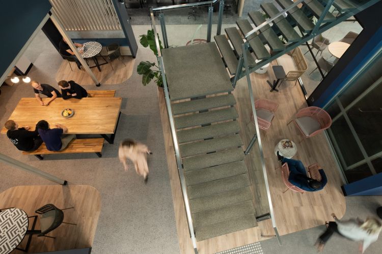 Overhead view of employees in a multi-level office space with wooden tables, metal and glass staircases, and pink wire chairs.
