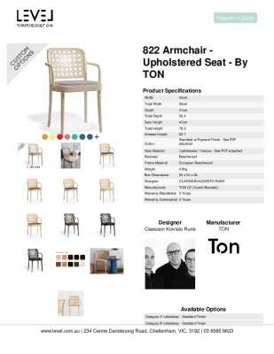 Tear Sheet: 822 Armchair - Upholstered Seat - by TON