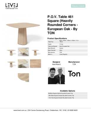 Tear Sheet: P.O.V. Table 461 Square (Heavily Rounded Corners - European Oak - By TON