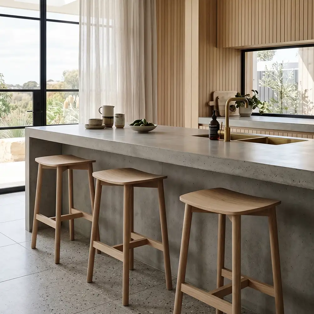Wooden modern kitchen stools in a home