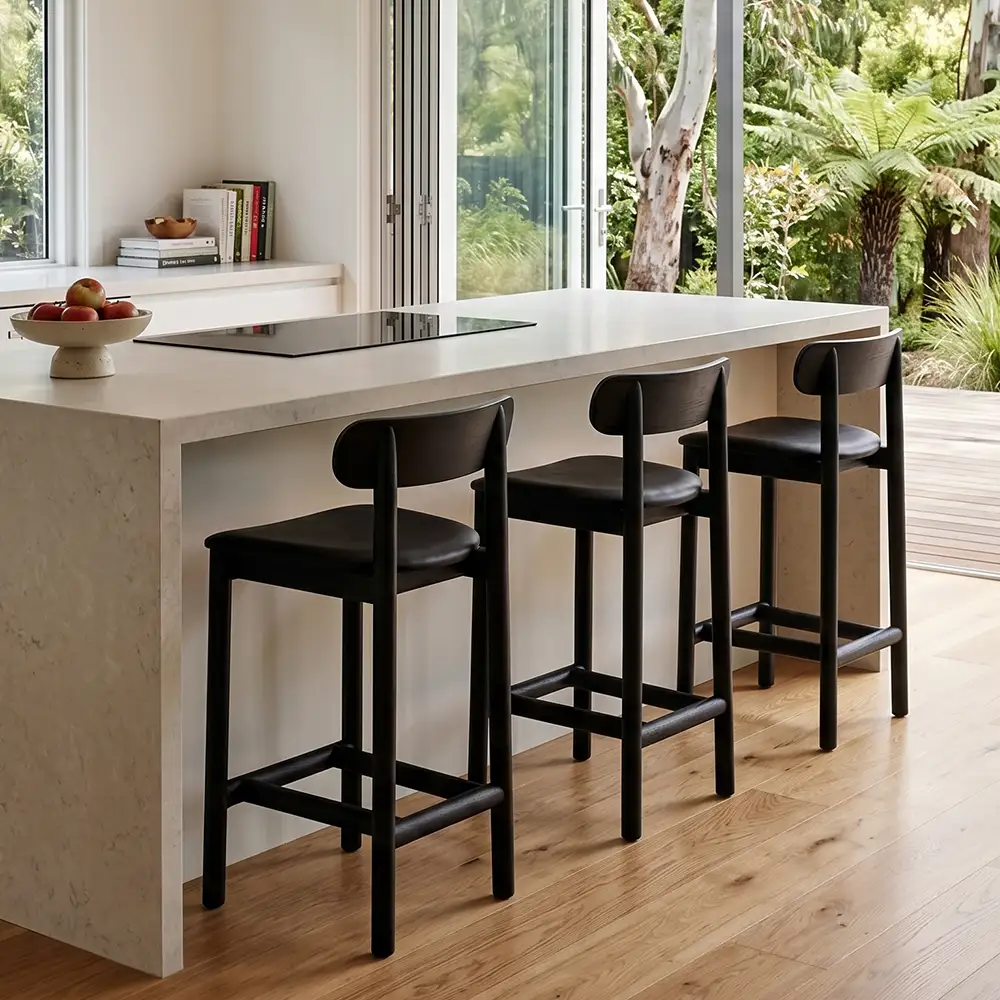 Black Bar Stool with Upholstered Seat