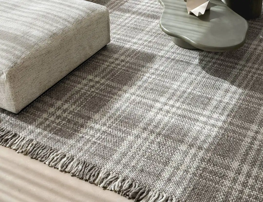 Dillon Fringe Wool Rug in Taupe with soft checks and layered neutrals