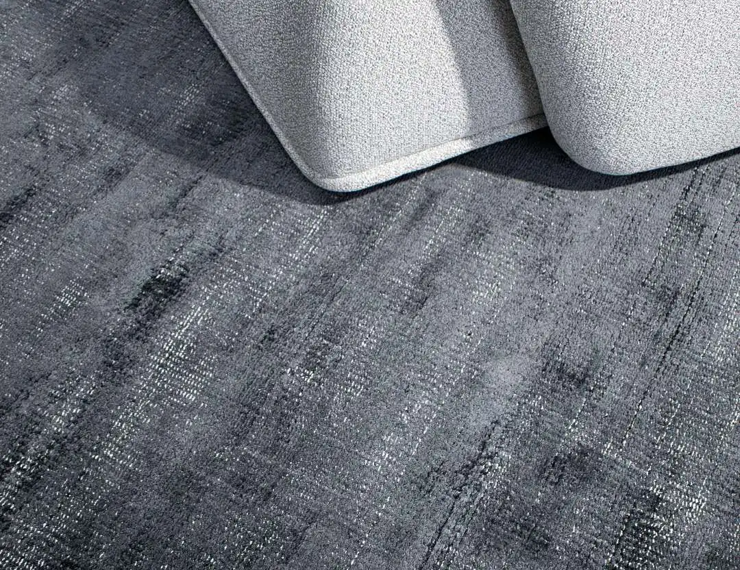 Colorado UV-resistant Rug Ink Blue with white marle and grey sofa