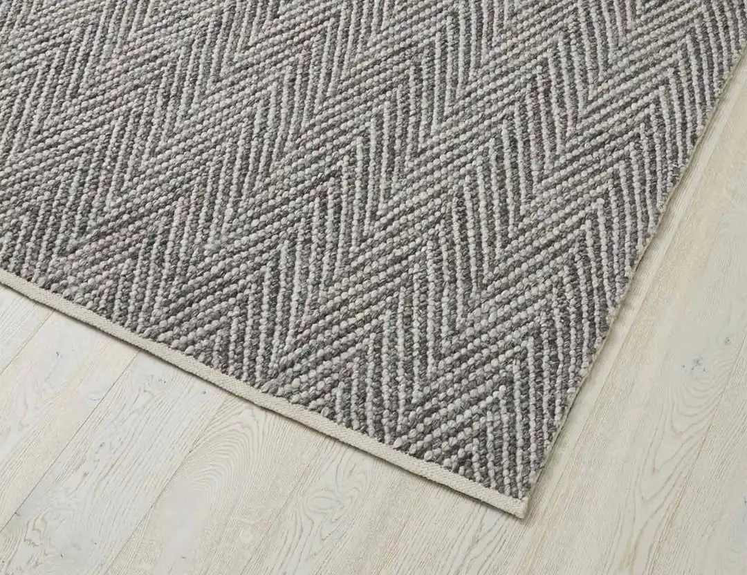 Zambesi Wool Blend Rug in Feather, close up of black and white chevron rug