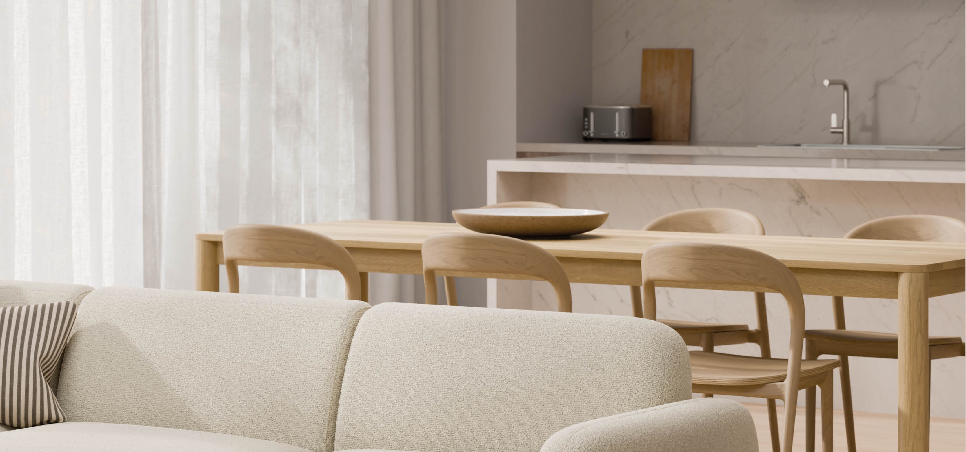 25% off Selected Tables | Limited time only | Scandinavian room with sofa, dining table & kitchen