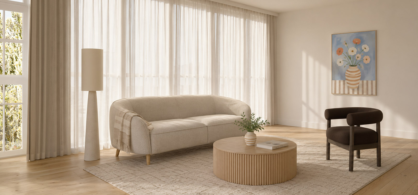sunlit loungeroom with cream sofa, brown chair & flower art