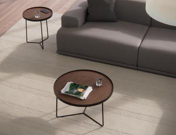 Alora Round Coffee Table - Medium - Walnut Veneer American Ash Tabletop - Black Legs