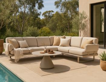 Delmar Config E - Outdoor Modular Sofa - Latte - Husk Cushions