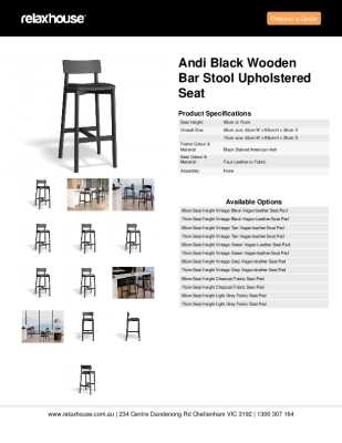 Tear Sheet: Andi Black Wooden Bar Stool Upholstered Seat 