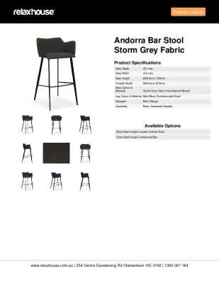 Tear Sheet: Andorra Bar Stool Storm Grey Fabric