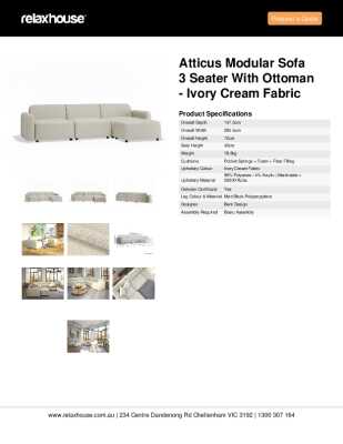 Tear Sheet: Atticus Modular Sofa 3 Seater with Ottoman - Ivory Cream Fabric
