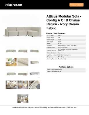 Tear Sheet: Atticus Modular Sofa - Config A or B Chaise Return - Ivory Cream Fabric