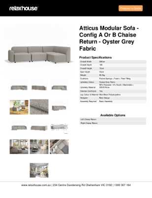 Tear Sheet: Atticus Modular Sofa - Config A or B Chaise Return - Oyster Grey Fabric