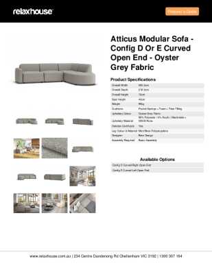 Tear Sheet: Atticus Modular Sofa - Config D or E Curved Open End - Oyster Grey Fabric