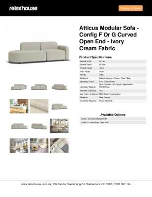 Tear Sheet: Atticus Modular Sofa - Config F or G Curved Open End - Ivory Cream Fabric