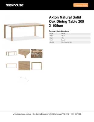 Tear Sheet: Axton Natural Solid Oak Dining Table 200 x 105cm
