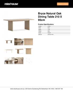 Tear Sheet: Bryce Natural Oak Dining Table 210 x 95cm