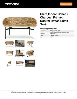 Tear Sheet: Clara Indoor Bench / Charcoal Frame / Natural Rattan Slimit Seat