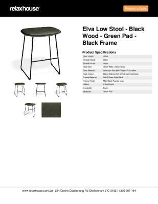 Tear Sheet: Elva Low Stool - Black Wood - Green Pad - Black Frame