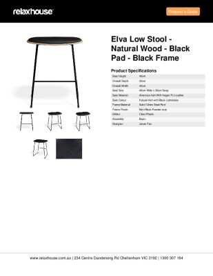 Tear Sheet: Elva Low Stool - Natural Wood - Black Pad - Black Frame
