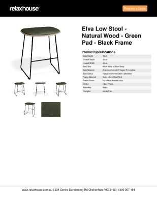 Tear Sheet: Elva Low Stool - Natural Wood - Green Pad - Black Frame