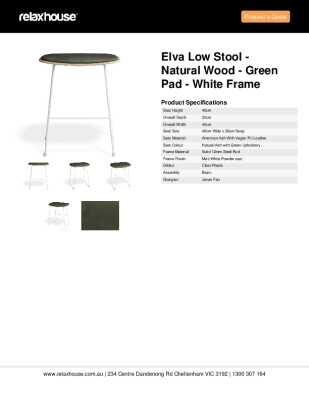Tear Sheet: Elva Low Stool - Natural Wood - Green Pad - White Frame