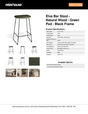 Tear Sheet: Elva Bar Stool - Natural Wood - Green Pad - Black Frame