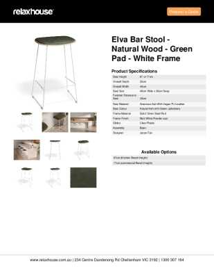 Tear Sheet: Elva Bar Stool - Natural Wood - Green Pad - White Frame