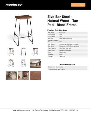 Tear Sheet: Elva Bar Stool - Natural Wood - Tan Pad - Black Frame