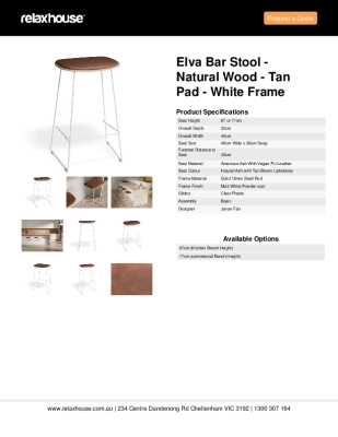 Tear Sheet: Elva Bar Stool - Natural Wood - Tan Pad - White Frame