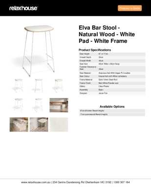 Tear Sheet: Elva Bar Stool - Natural Wood - White Pad - White Frame