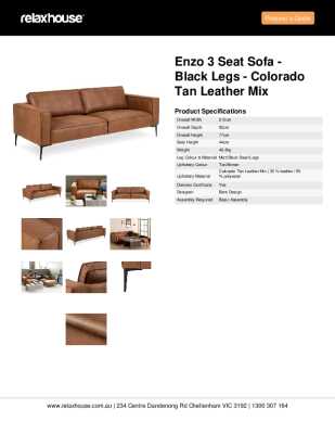 Tear Sheet: Enzo 3 Seat Sofa - Black Legs - Colorado Tan Leather Mix