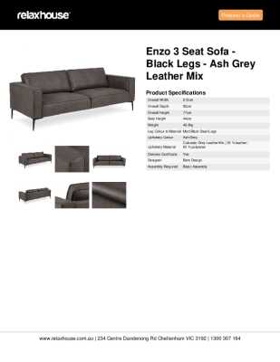 Tear Sheet: Enzo 3 Seat Sofa - Black Legs - Ash Grey Leather Mix