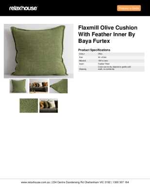 Tear Sheet: Flaxmill Olive Cushion with Feather Inner by Baya Furtex