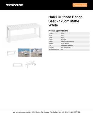 Tear Sheet: Halki Outdoor Bench Seat - 120cm Matte White