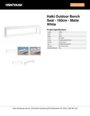 Tear Sheet: Halki Outdoor Bench Seat - 190cm - Matte White