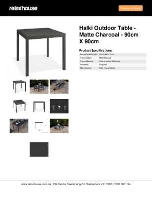 Tear Sheet: Halki Outdoor Table - Matte Charcoal - 90cm x 90cm